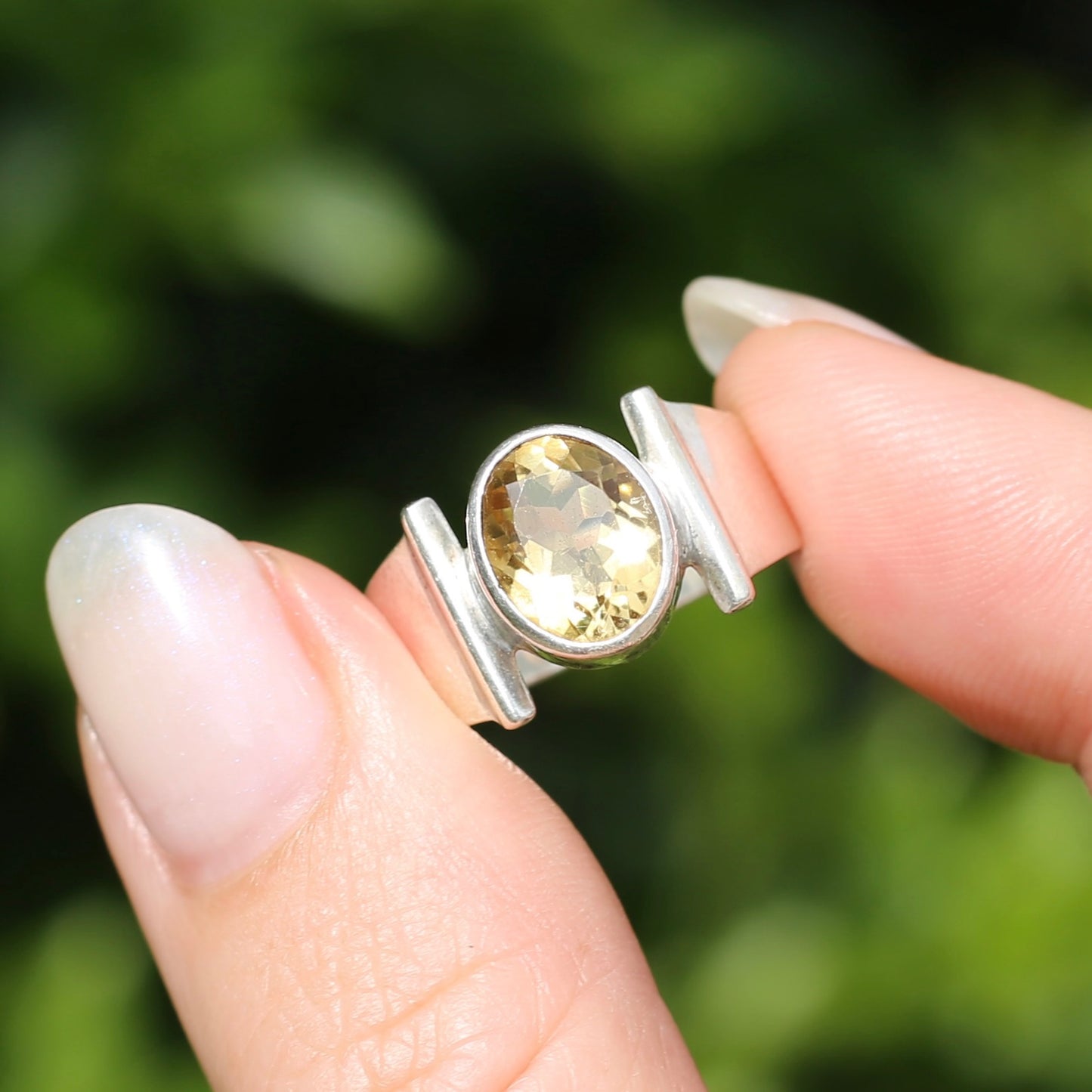 Bezel Set Oval Citrine Ring with Bar Shoulders, Sterling Silver, fits like size R