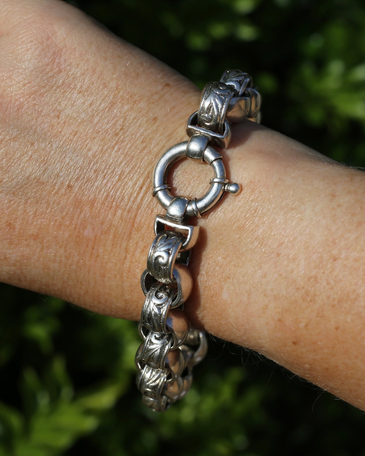 Chunky Silver Belcher Bracelet, Day and Night Alternating Links, Large Bolt Clasp, 24cm or 9.5 inches, 85.8g