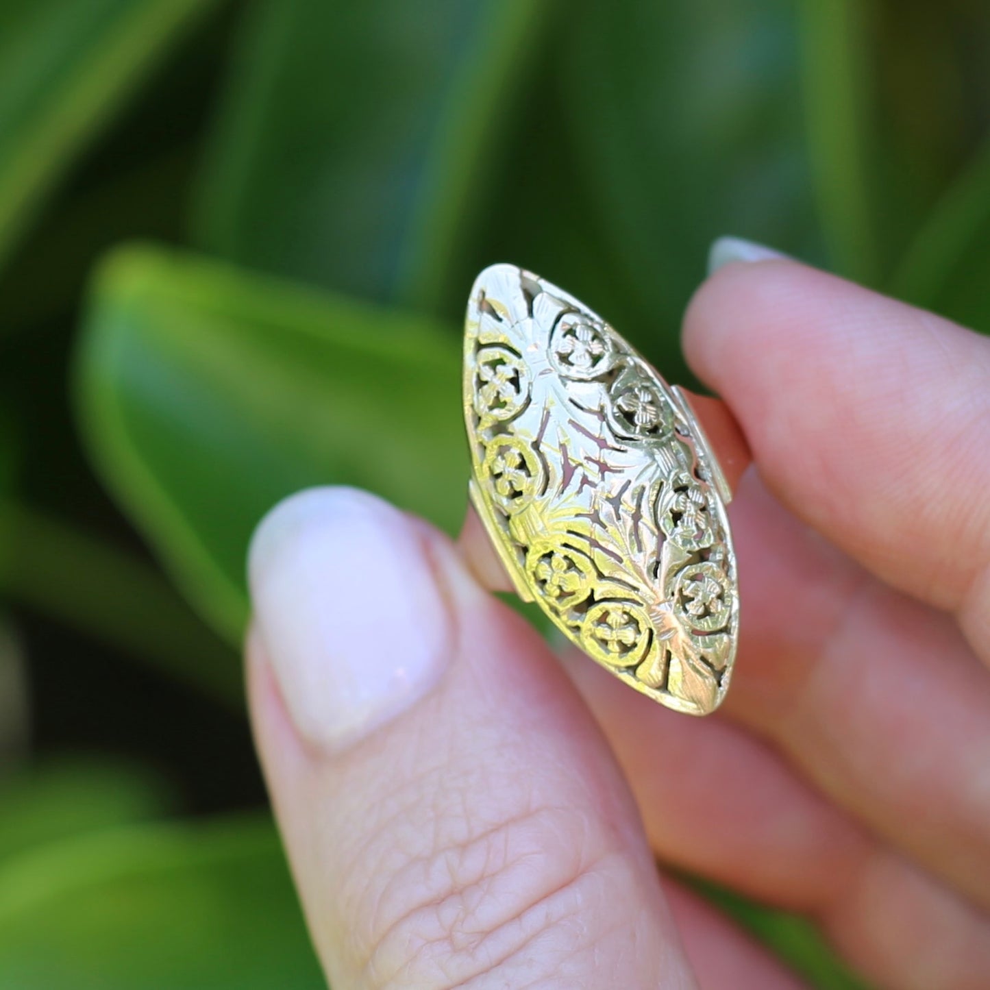 Hand Carved Navette Ring, 14ct Yellow Gold, size Q or 8.25g