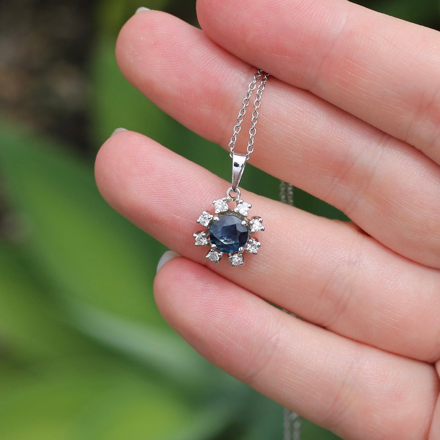 1.15ct Sapphire and Diamond Pendant, 14ct White Gold, with 9ct White Gold Chain