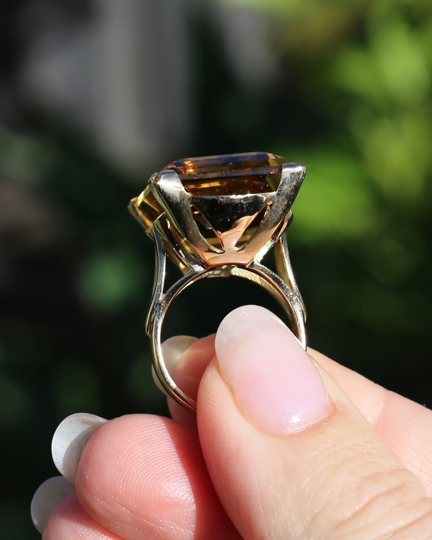35ct Rectangular Step Cut Vivid Citrine in Chunky Vintage 9ct Yellow Gold Ring, size N1/2 or 7, 15.12g