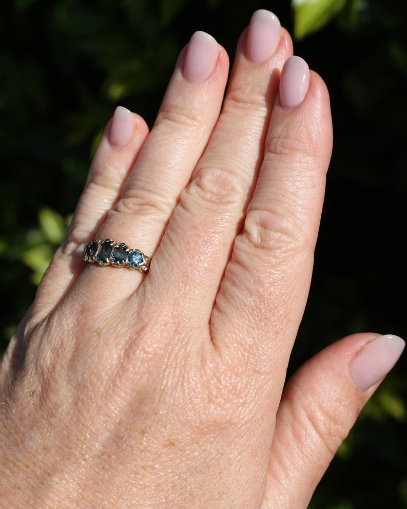 2.08ct Parti Sapphire Five Stone Ring,London Made 1989 9ct yellow Gold, size P1/2 or 8, 3.07g