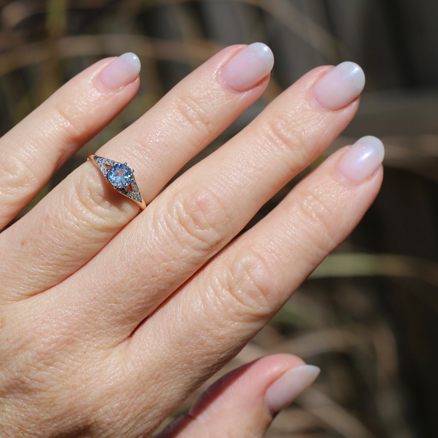 Pristine Early Australian 1930s Dunklings Blue Zircon & Diamond RIng, size L or just over 5.5