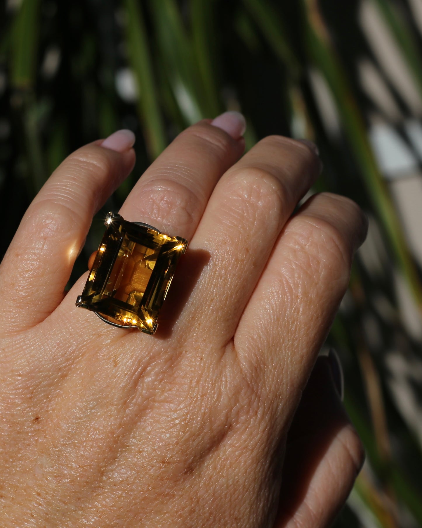 35ct Rectangular Step Cut Vivid Citrine in Chunky Vintage 9ct Yellow Gold Ring, size N1/2 or 7, 15.12g
