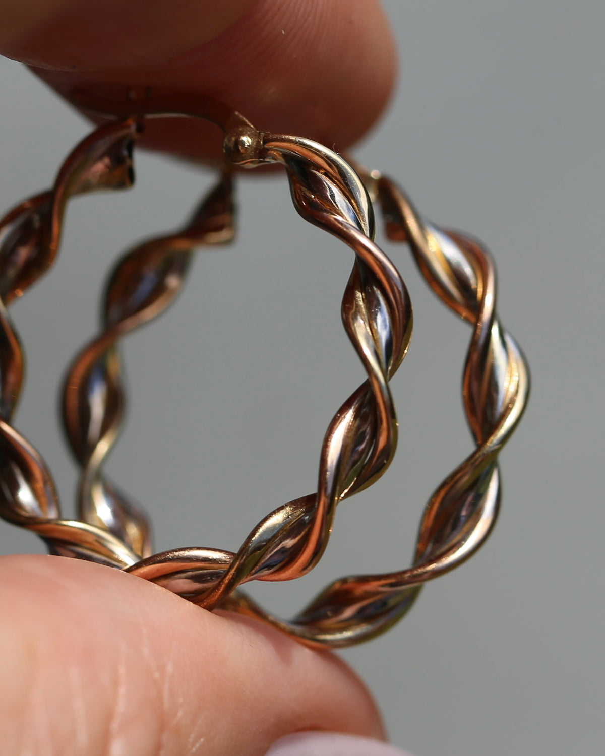 Tri-Colour Gold Twisted Hoop Earrings, 9ct Rose, Yellow and White Gold, 27.75mm, 2.73g