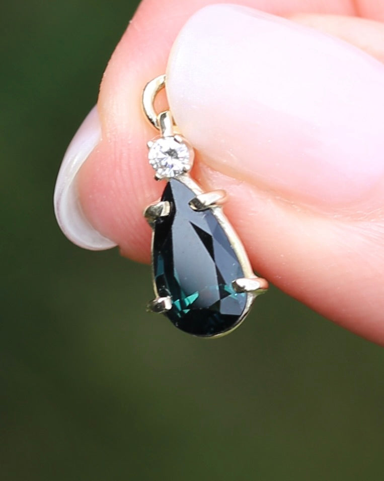Pear Shaped Natural Teal Pear Sapphire and Diamond Pendant, 9ct Yellow Gold, 1.08g