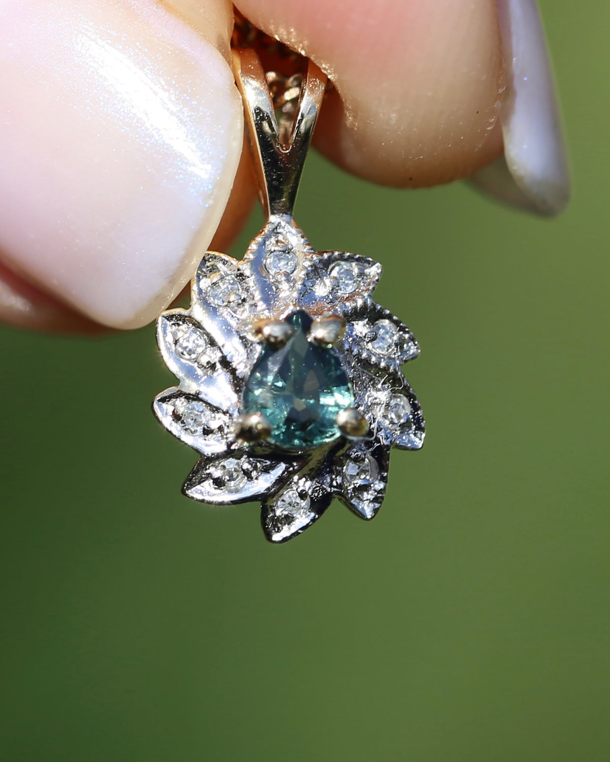 0.3ct Natural Green Parti and Natural Illusion Set Diamond Leaf Halo Pendant, 9ct Yellow Gold, 0.72g