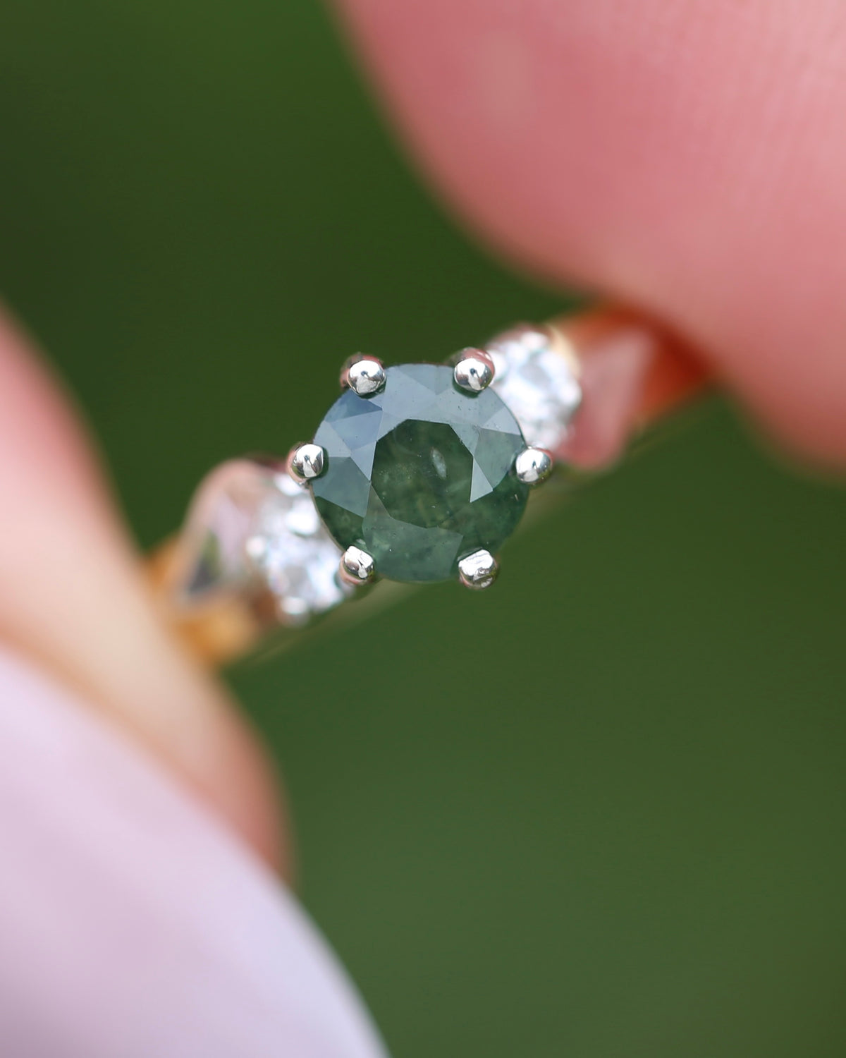1ct Natural Green Sapphire Ring with White Spinel Side Stones, Silver and 9ct Yellow Gold, size M or 6.25, 2.1g