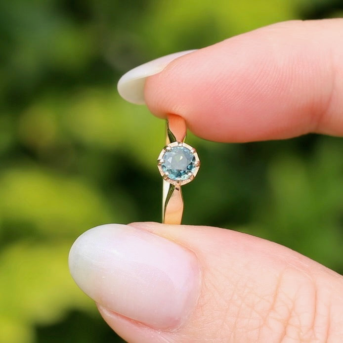 Seafoam Sapphire Solitaire in 8 Claw Setting, 9ct Yellow Gold, size L or just under 5.5