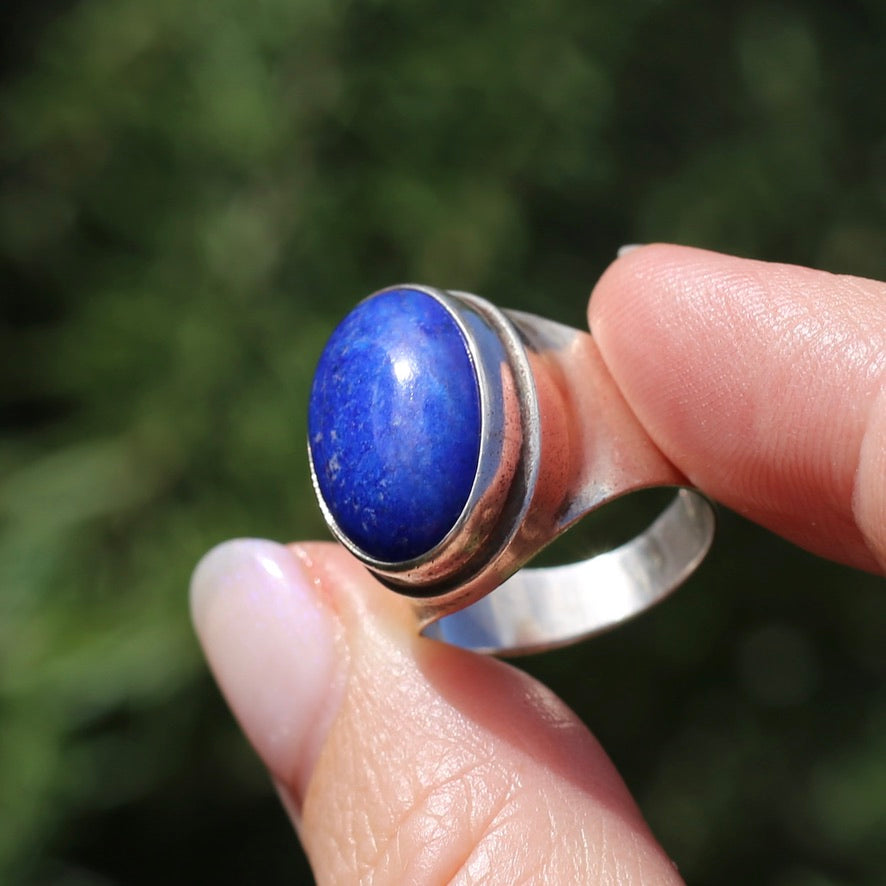 Large Lapis Cabochon in Silver Bezel Setting, size P1/2 or just under 8