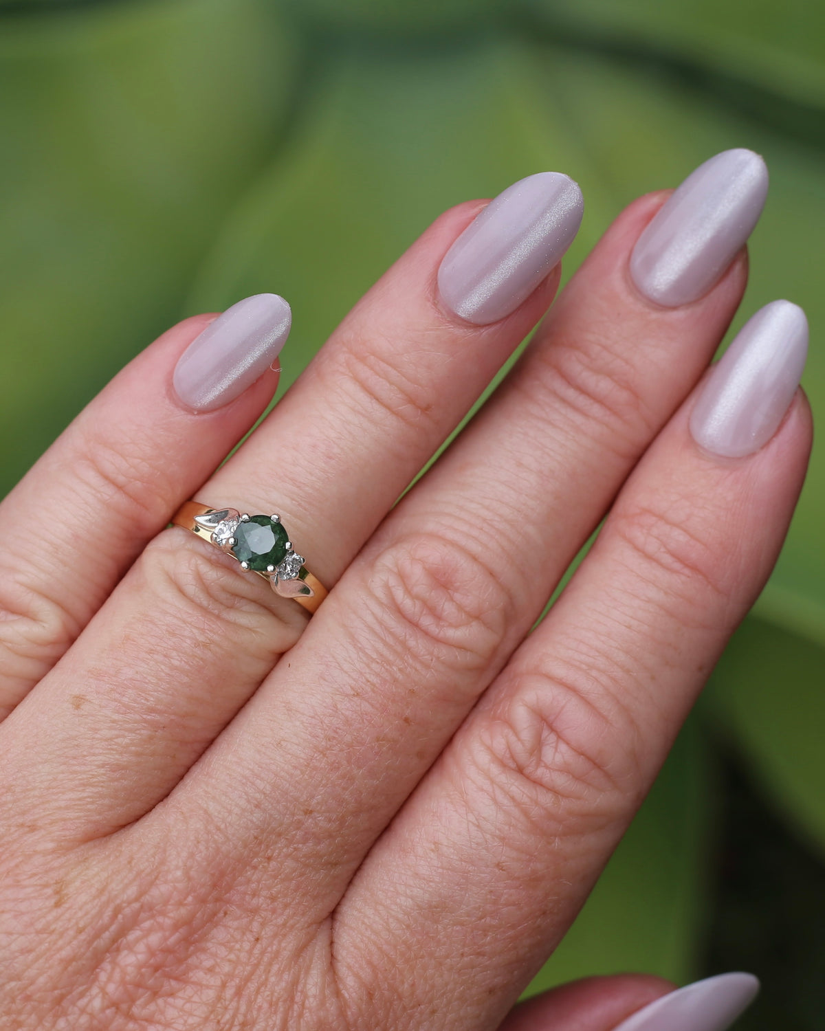 1ct Natural Green Sapphire Ring with White Spinel Side Stones, Silver and 9ct Yellow Gold, size M or 6.25, 2.1g