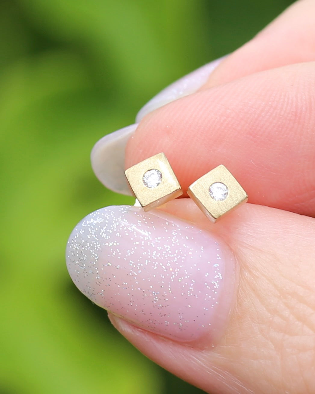 Vintage Brushed Gold Square Studs with Glass Stones, 8ct Yellow Gold, 0.89g