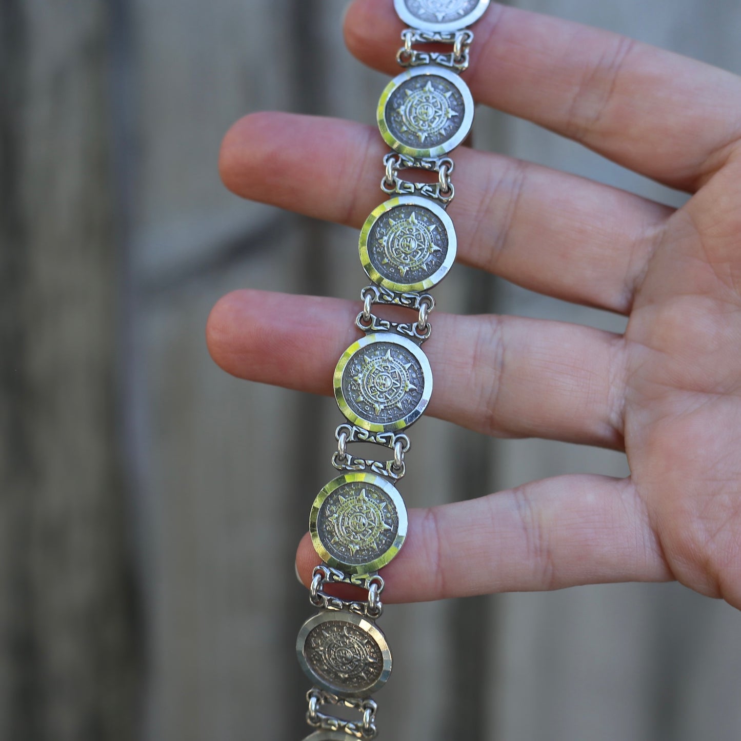 Vintage 1980s Maya Calendar Coin Bracelet, made in Mexico 950 Silver, 20cm or just under 8 inches