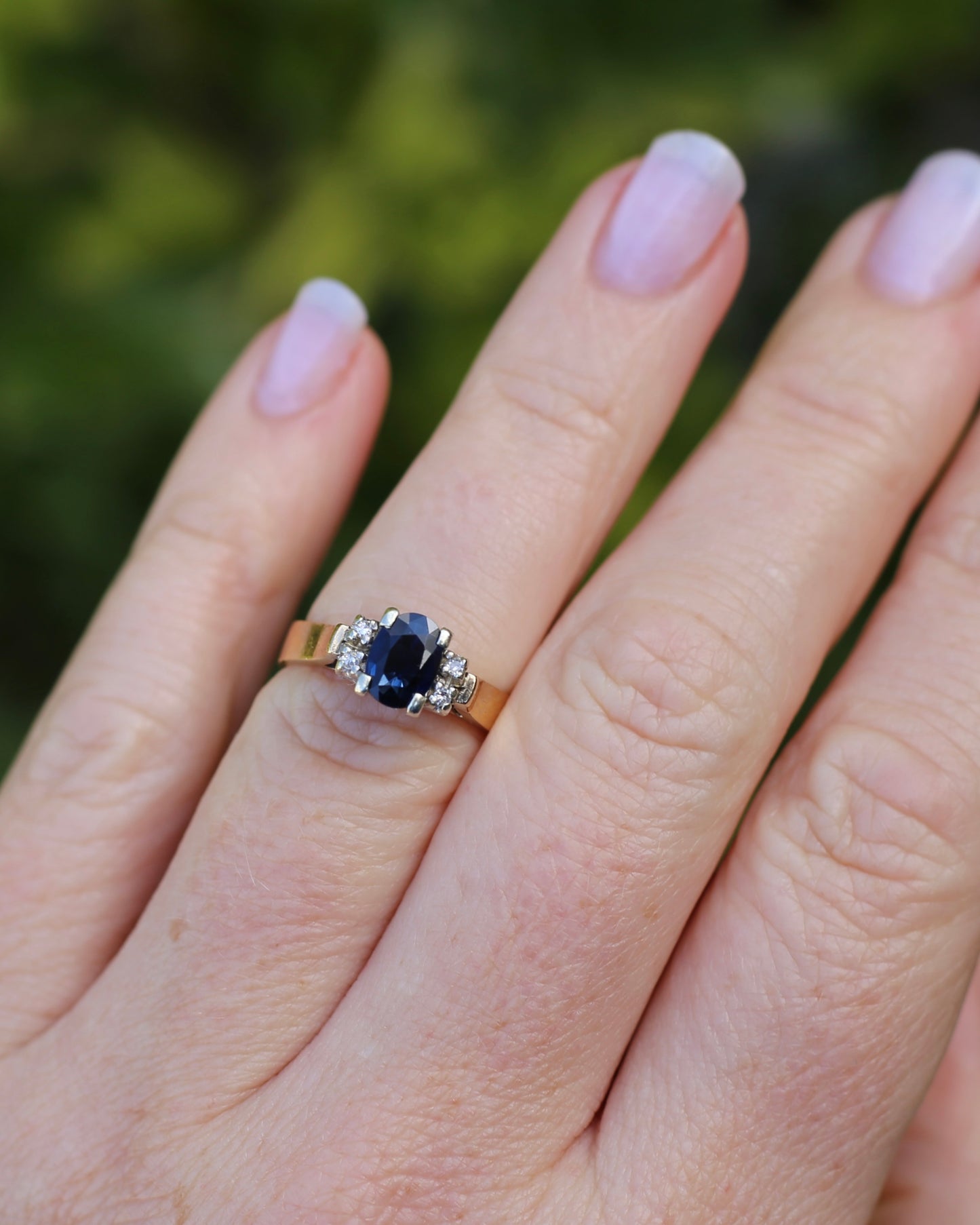 Circa 1970s Natural Sapphire and Diamond Ring, 9ct Yellow and White Gold, size M or 6.25, 4.19g