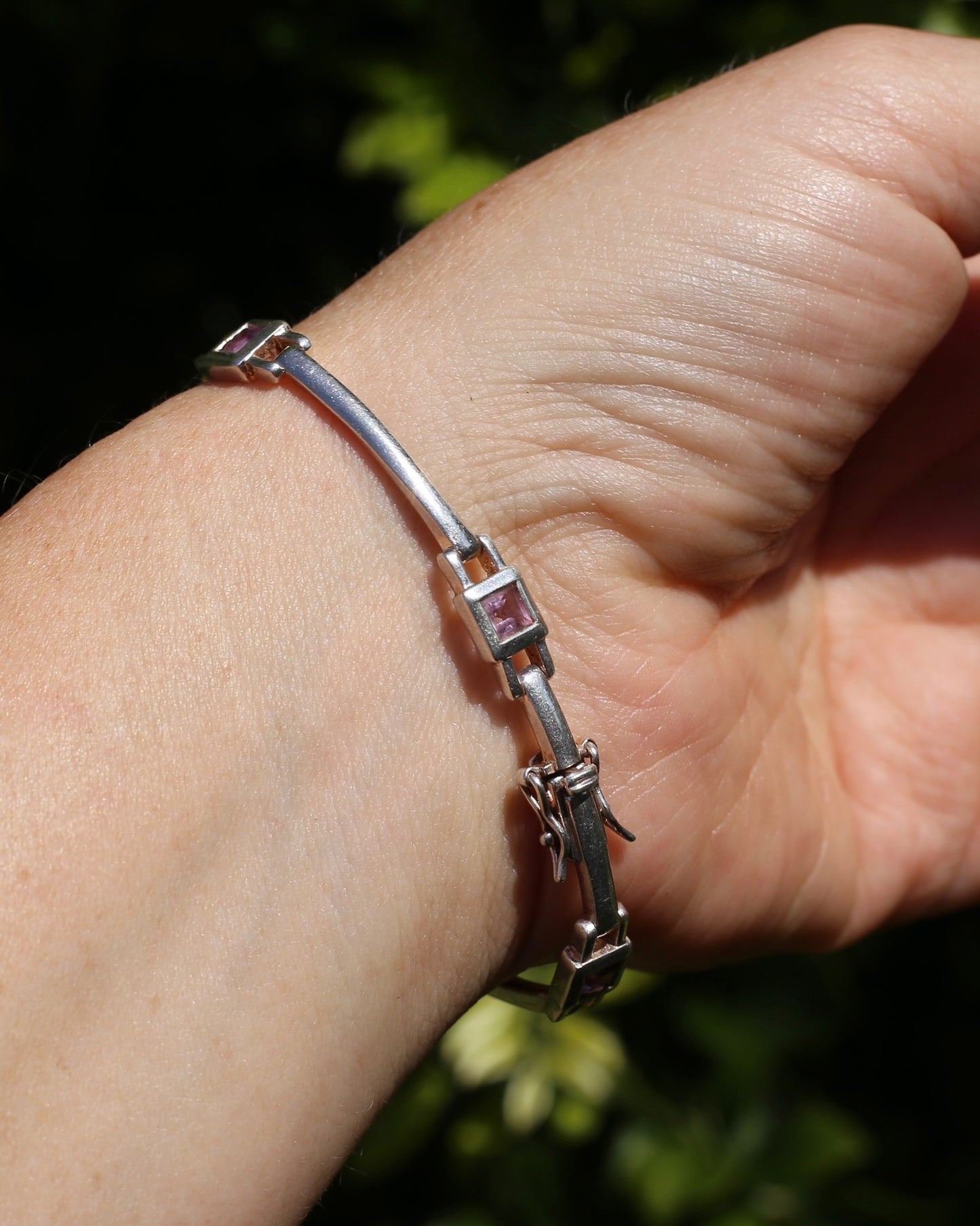 Bezel Set Amethyst Silver Bracelet with Double Safety Clasp, 12.2g