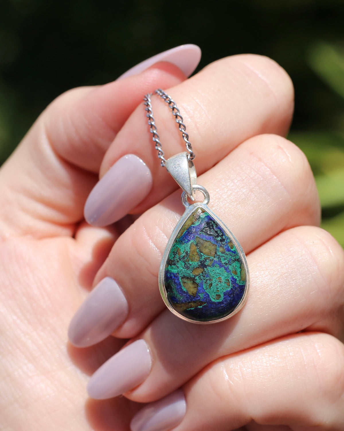 Natural Azurite/ Malachite/ Chrysocolla Cabochon Pendant, Bezel Set, Sterling Silver, 5.44g