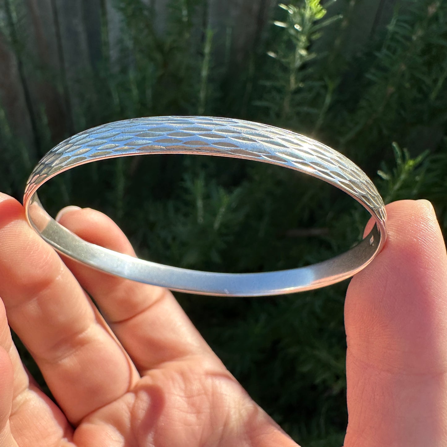 Stylised Engraved Flat Profile Silver Bangle, 16.5g