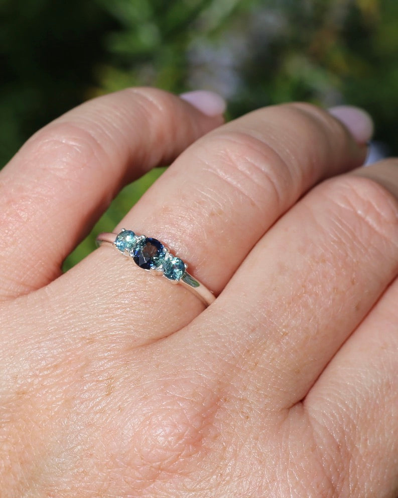 0.85ct Natural Parti Sapphire Trilogy Ring, Sterling Silver, size Q or 8.25, 1.98g