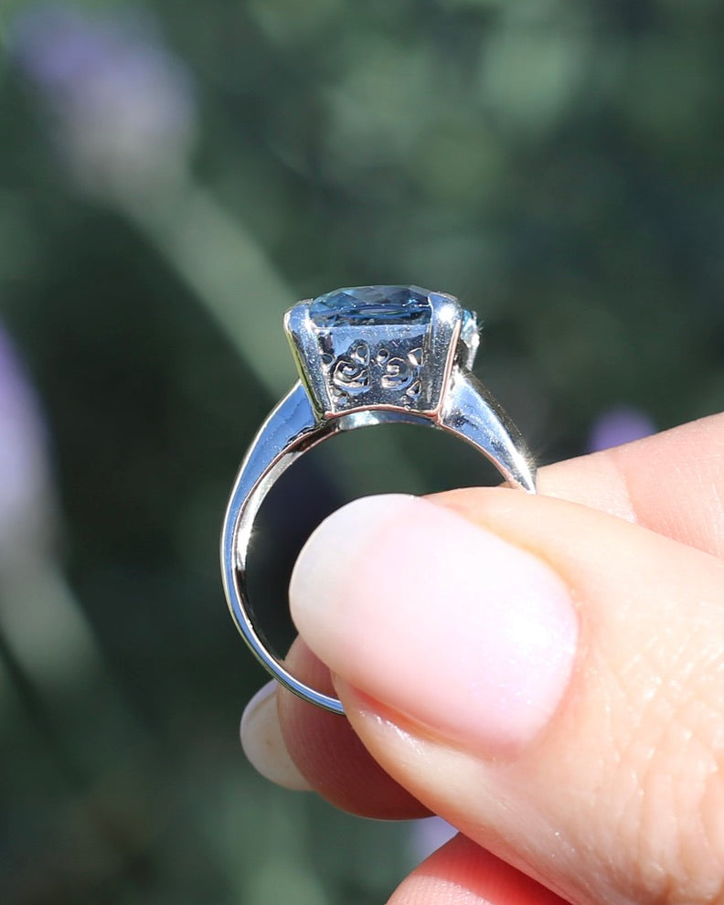 5ct Cushion Cut Natural Blue Topaz Ring, Sterling Silver, size N or 6.75, 5.02g