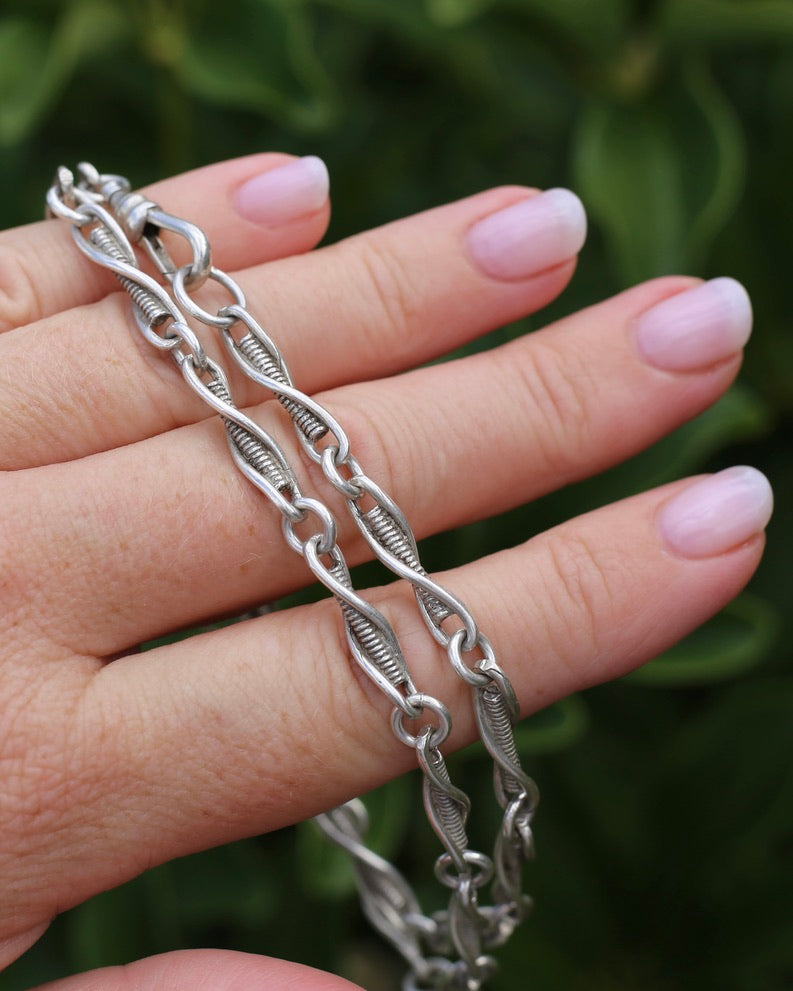 Vintage/ Vintique Fancy Link Single Swivel Albert Clasp Chain, Sterling Silver, 52cm or 20.5 inches, 30.0g