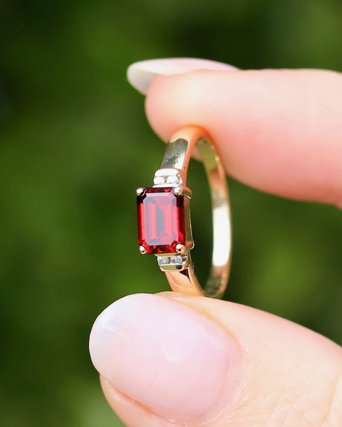 East African East West Set Emerald Cut Garnet and Diamond side stones, 9ct Yellow Gold, size P1/2 or 8