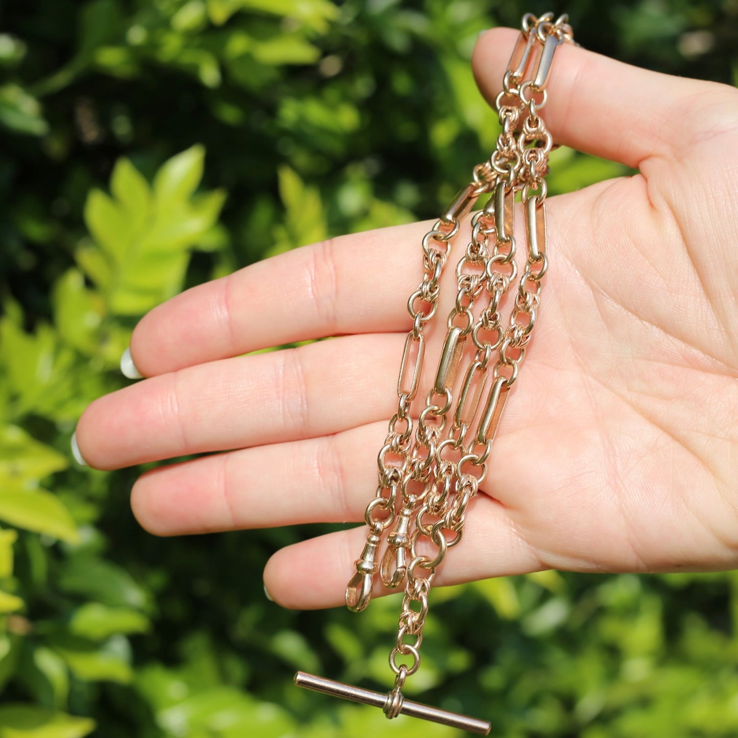 Antique - likely Victorian - Fancy Link 9ct Rosey Gold Double Watch Chain with Fob, 21inches, 41.25g