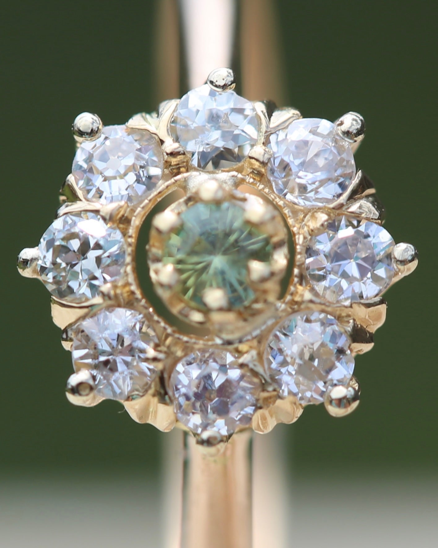 Vintique Parti Sapphire and Old Cut Diamond Cluster, 15ct Yellow Gold, size O or 7.25