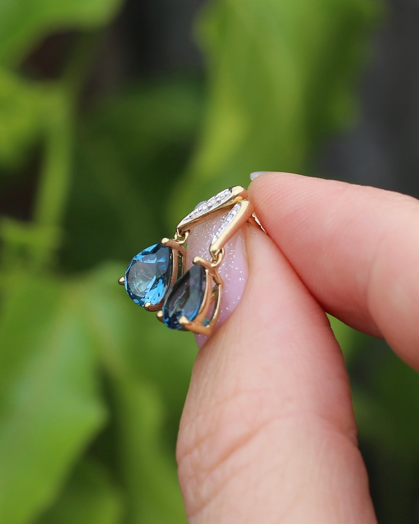 Pear Cut London Blue Topaz Earrings on Illusion Diamond Set Stud Posts, 9ct Yellow Gold, 14ct YG butterflies, 1.87g