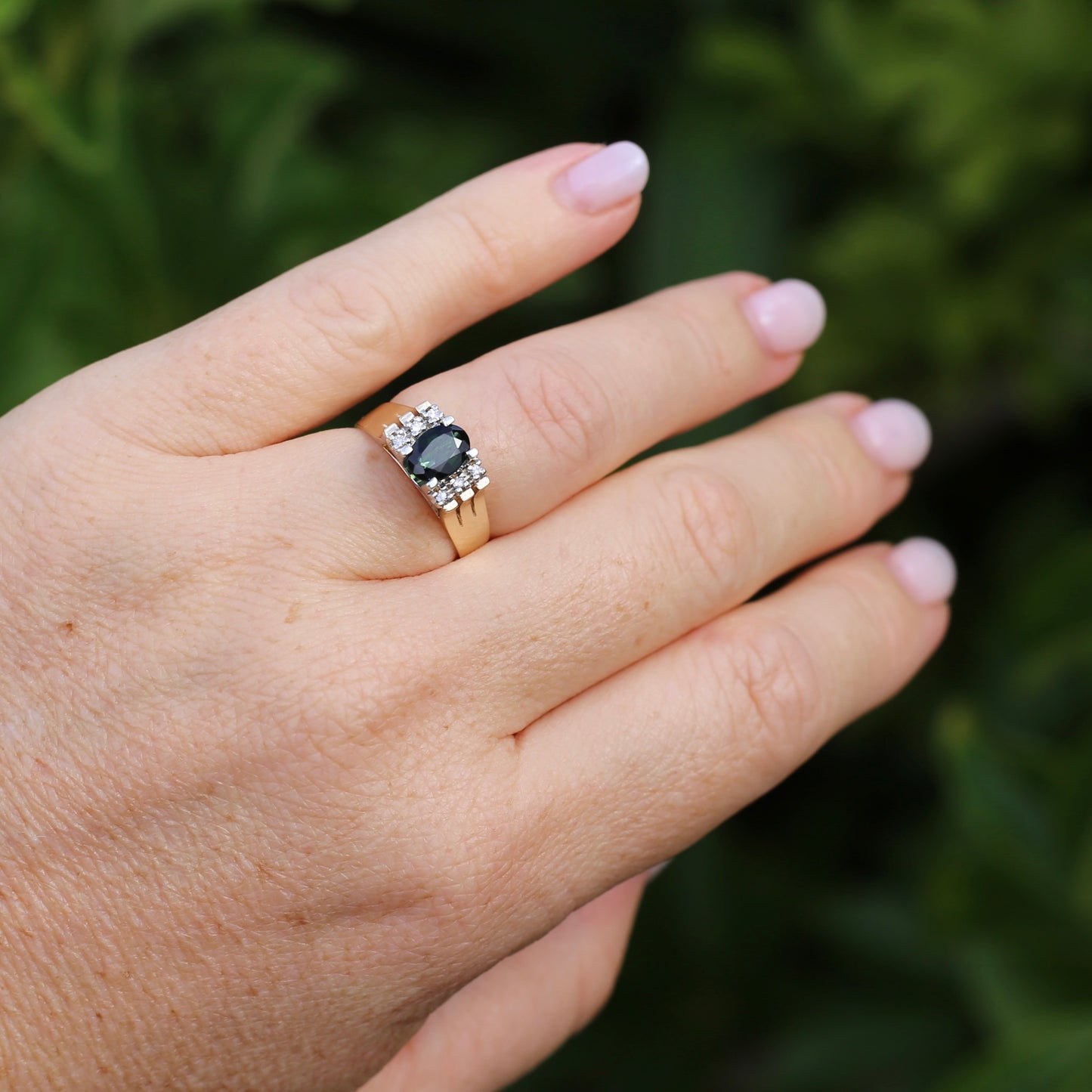 0.95ct Green Tourmaline and Diamond High Set Ring, 9ct White and Yellow Gold, size O or just over 7