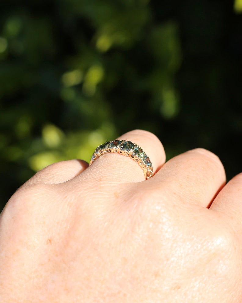 2.08ct Parti Sapphire Five Stone Ring,London Made 1989 9ct yellow Gold, size P1/2 or 8, 3.07g