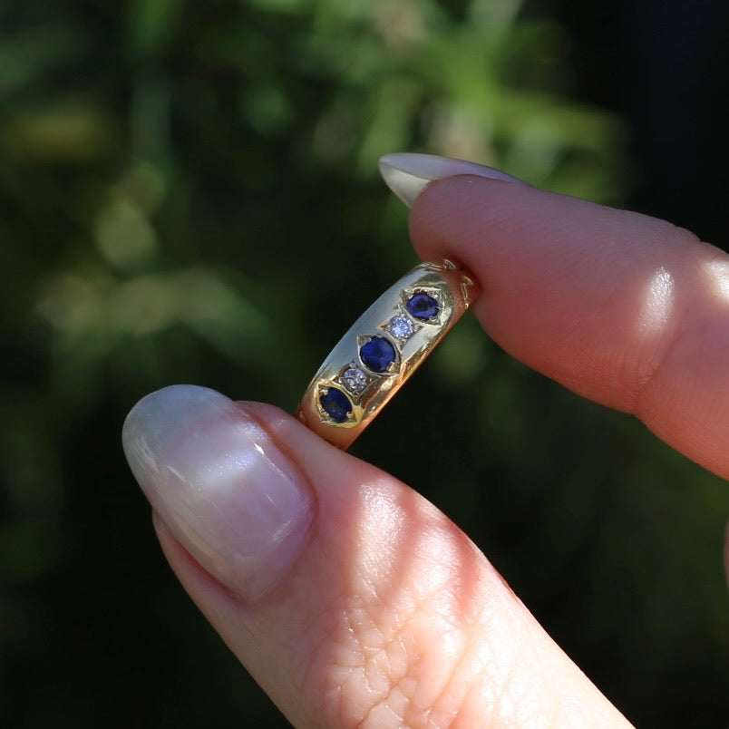 1897 Old Cut Sapphire and Diamond Five Stone Ring, 18ct Yellow Gold, size O or 7.25