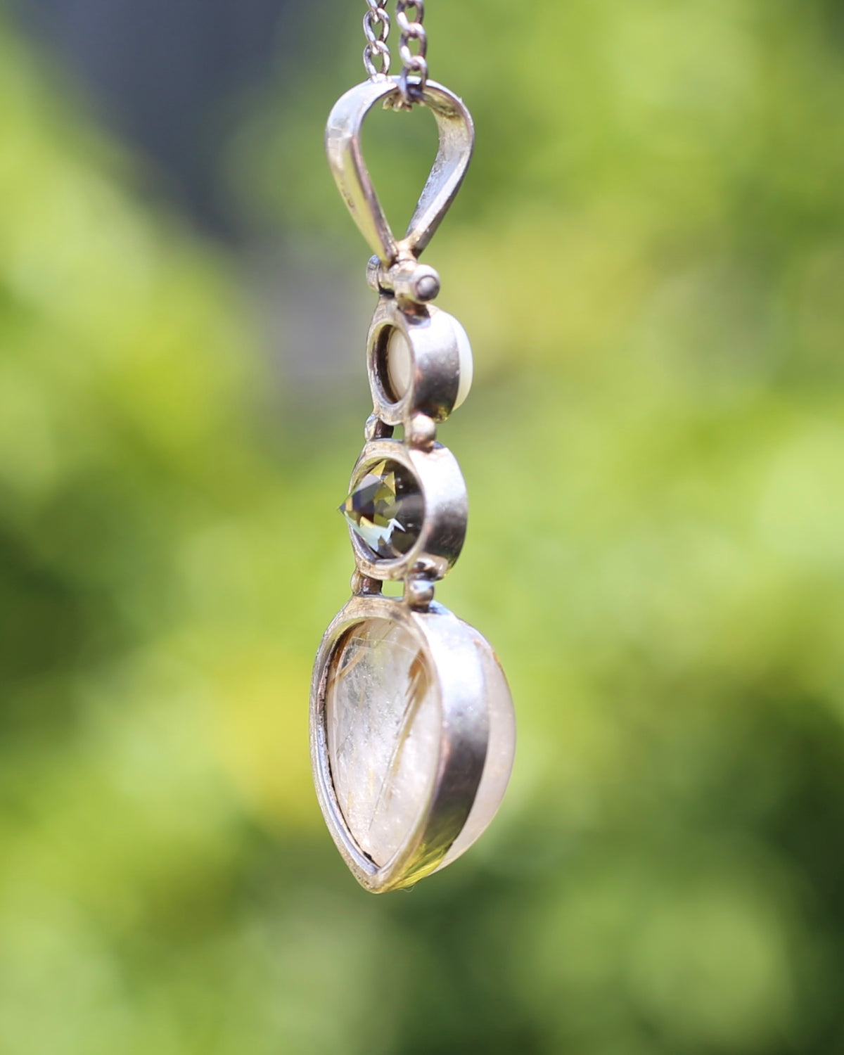 Freshwater Pearl, Citrine and Rutilated Quartz Cabochon Pendant, Sterling Silver, 6.0g