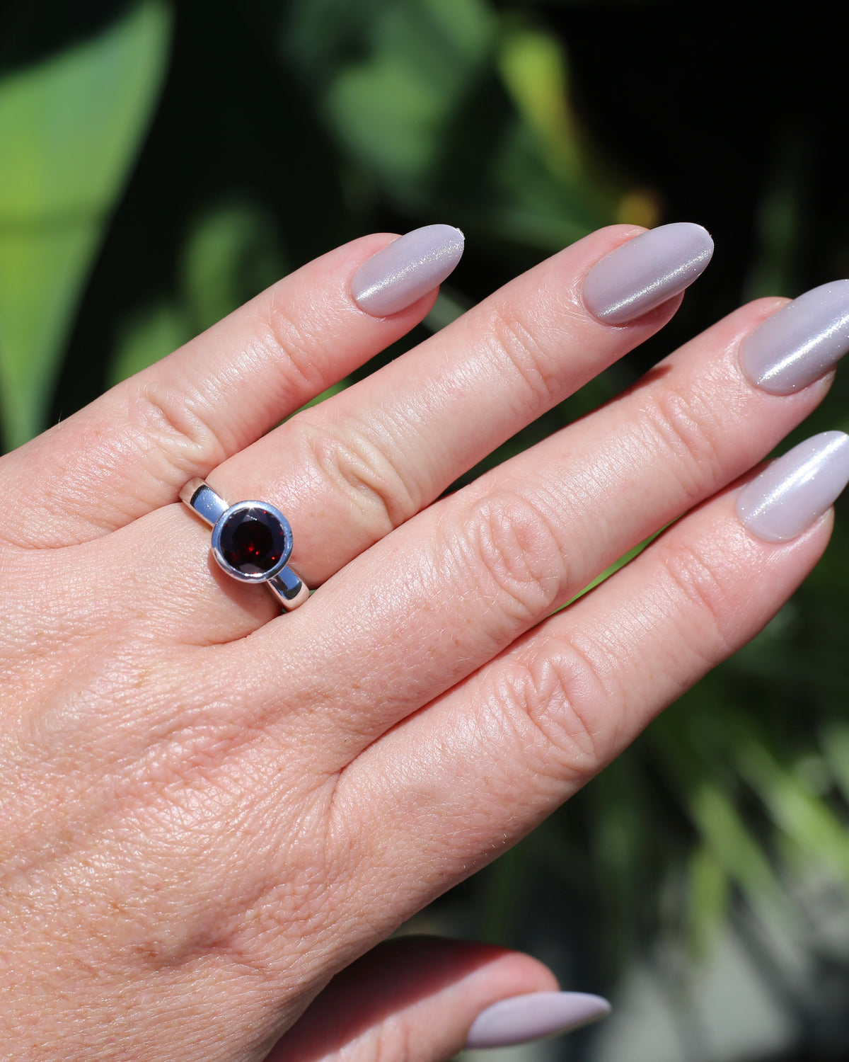 9mm Round Garnet in Bezel Set Silver Ring, Sterling Silver, size 7 or just over N1/2, 4.16g