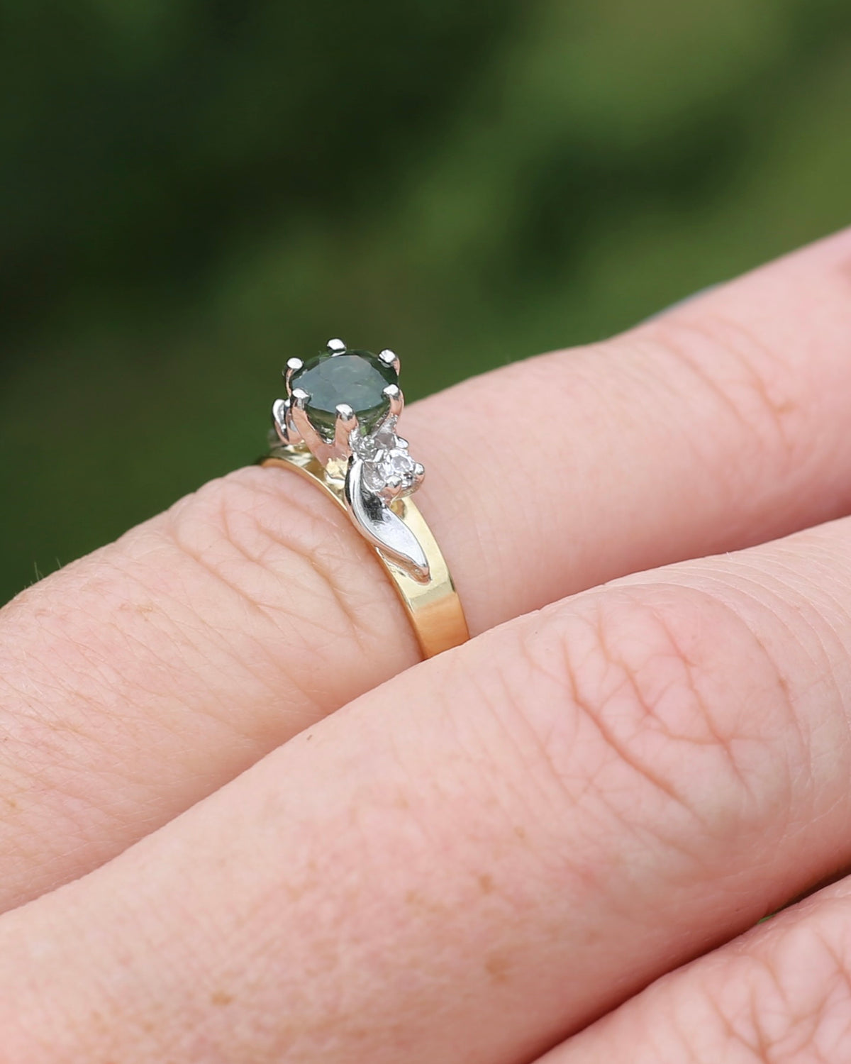 1ct Natural Green Sapphire Ring with White Spinel Side Stones, Silver and 9ct Yellow Gold, size M or 6.25, 2.1g