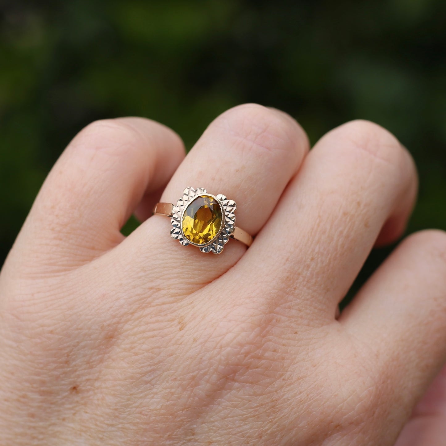 1994 Yellow Sapphire With Detailed Edges, 9ct Yellow Rosey Gold, size P or 7.5