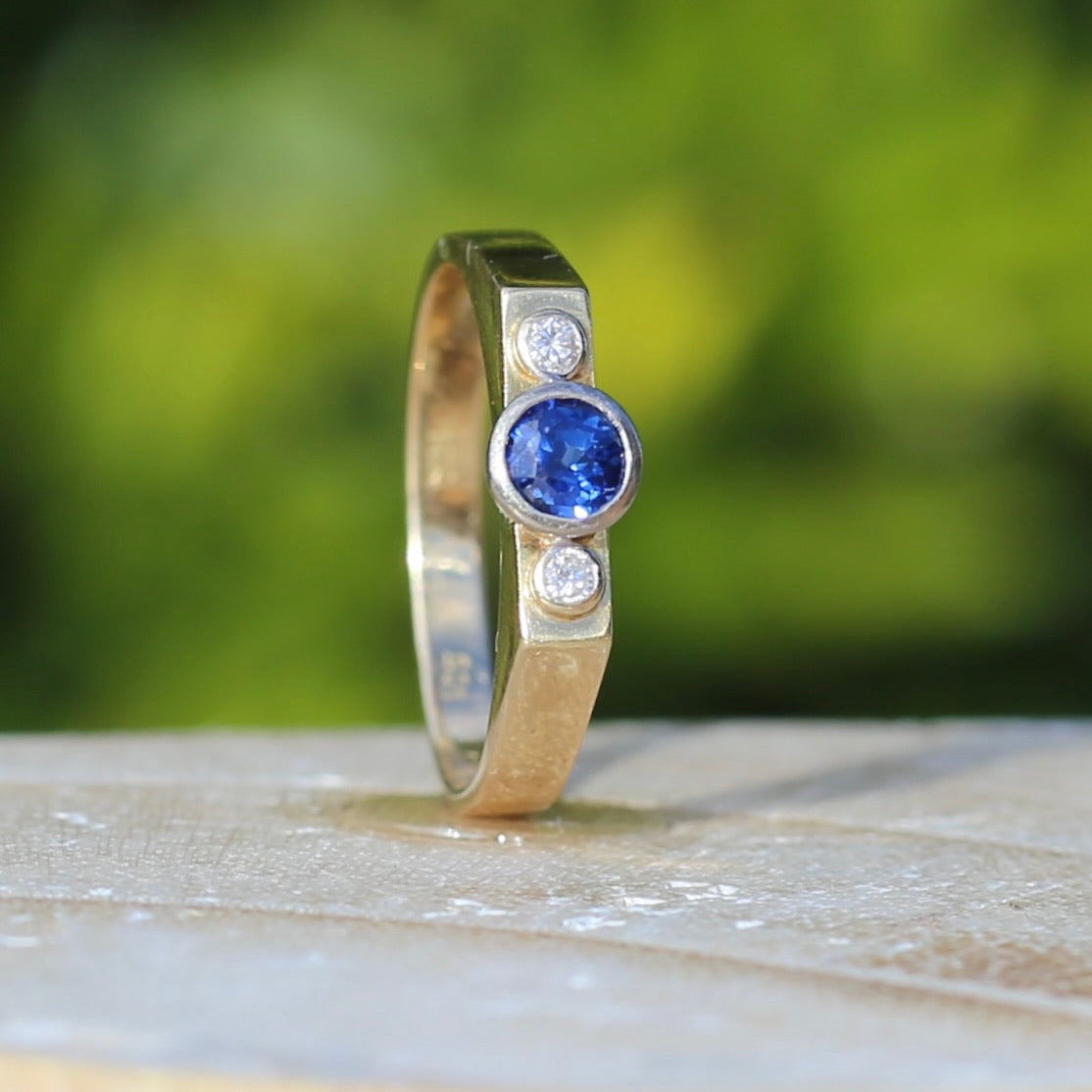 Bezel Set Sapphire and Diamond Trilogy Ring, 14ct Yellow and White Gold, size O1/2 or just over 7.25