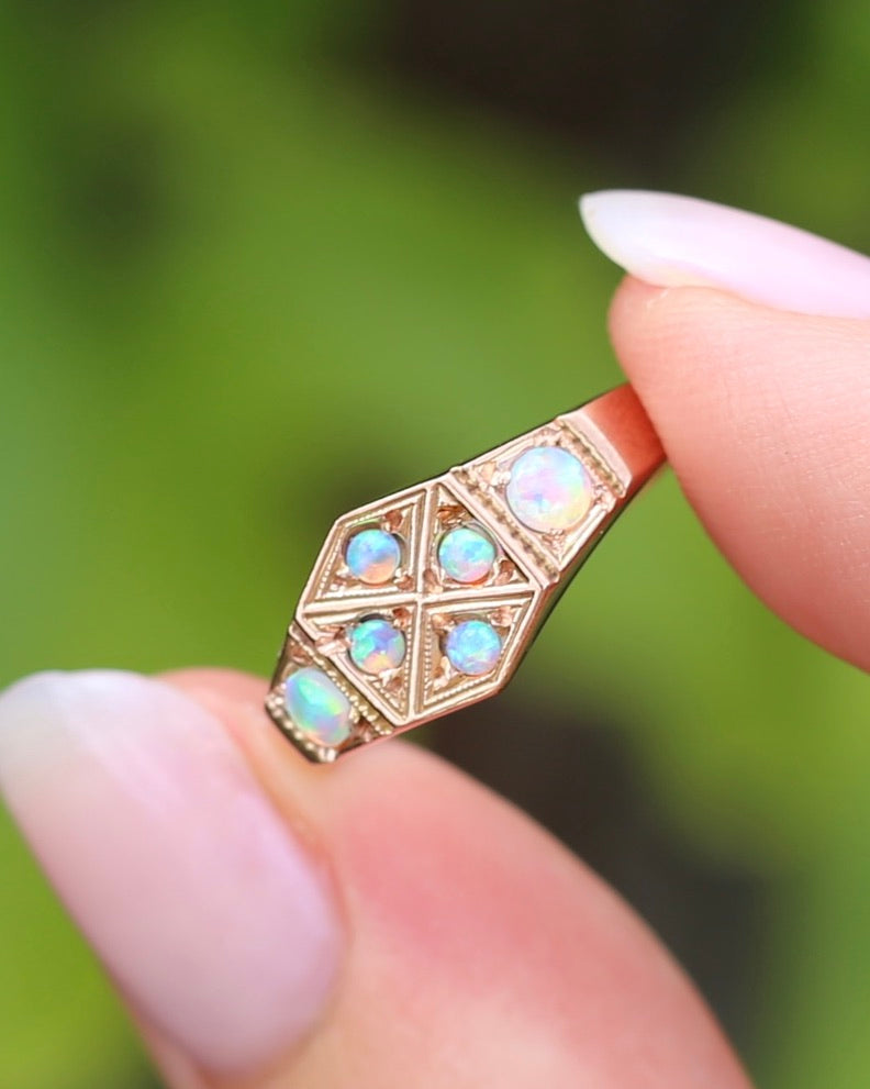 Outstanding Opals in Birmingham Made Rose Gold Shield Faced Ring, 9ct Rose Gold, size Q or 8.25, 2.57g