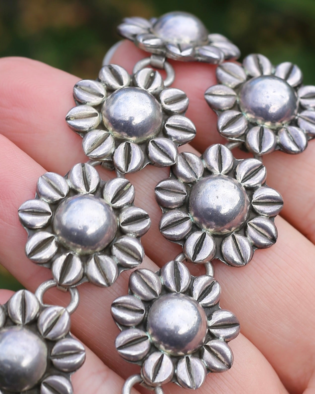 Chunky Vintage Mexican Silver Daisy/ Sunflower Necklace, Sterling Silver, 44cm or 17.25 inches, 98.52g