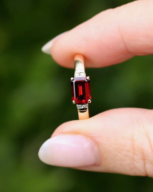 East African East West Set Emerald Cut Garnet and Diamond side stones, 9ct Yellow Gold, size P1/2 or 8