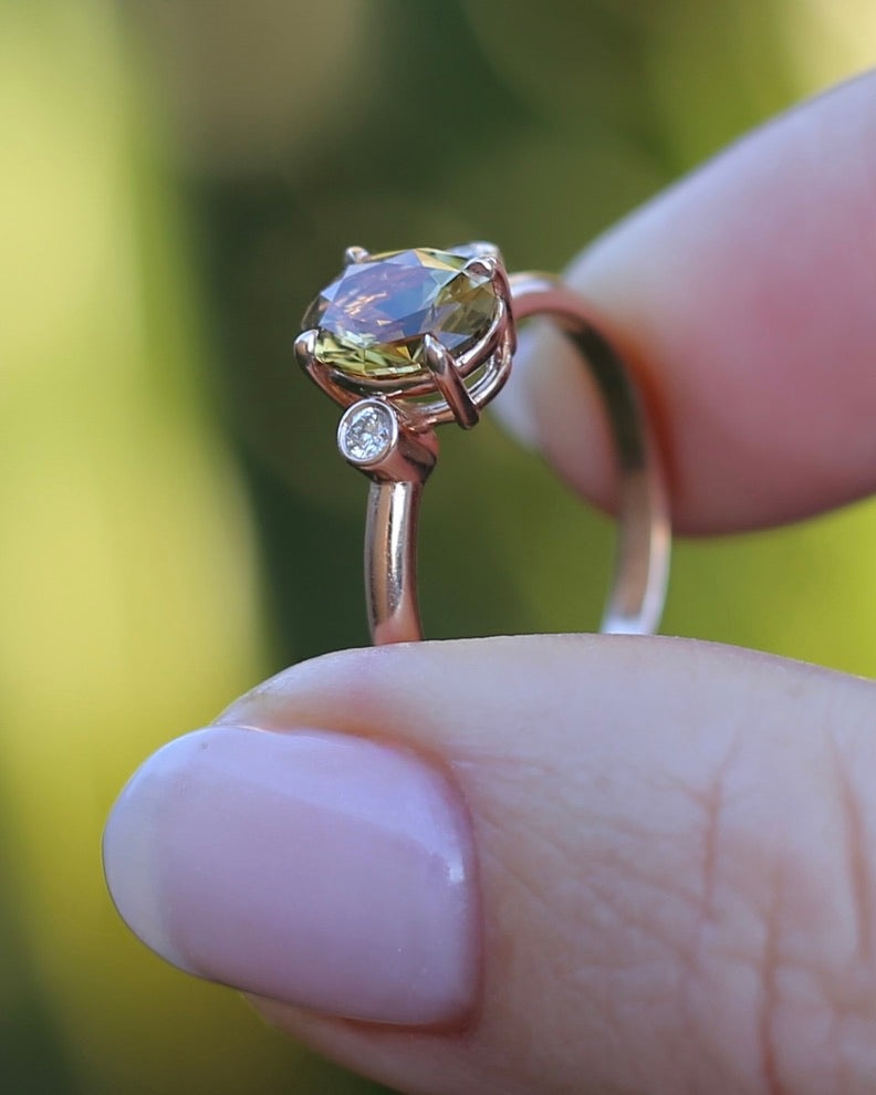 1.57ct Natural Golden Tanzanite Zoisite and Diamond Trilogy Ring, 14ct Rose Gold, size 8.75 or just over R, 3.3g, with valuation