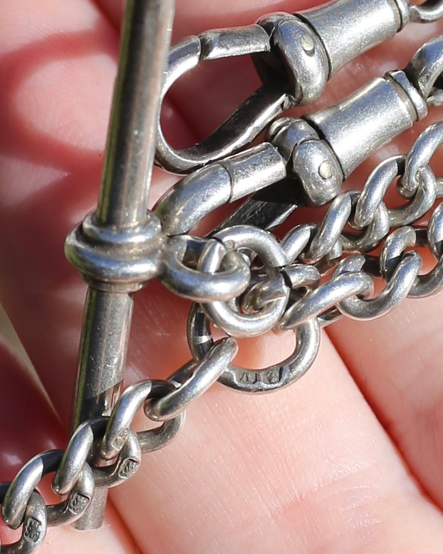 Antique 1920 Birmingham Made Double Graduated Watch Chain, Sterling Silver (and Rose Gold Face) T-Bar and Fob, 38.5cm, 53g
