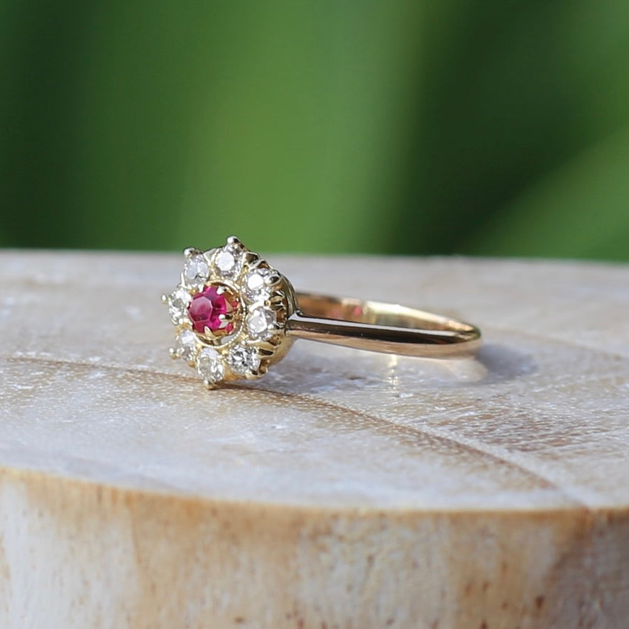 Antique Ruby and Old Cut Diamond Cluster, 15ct Yellow Gold, size O or 7.25 with valuation