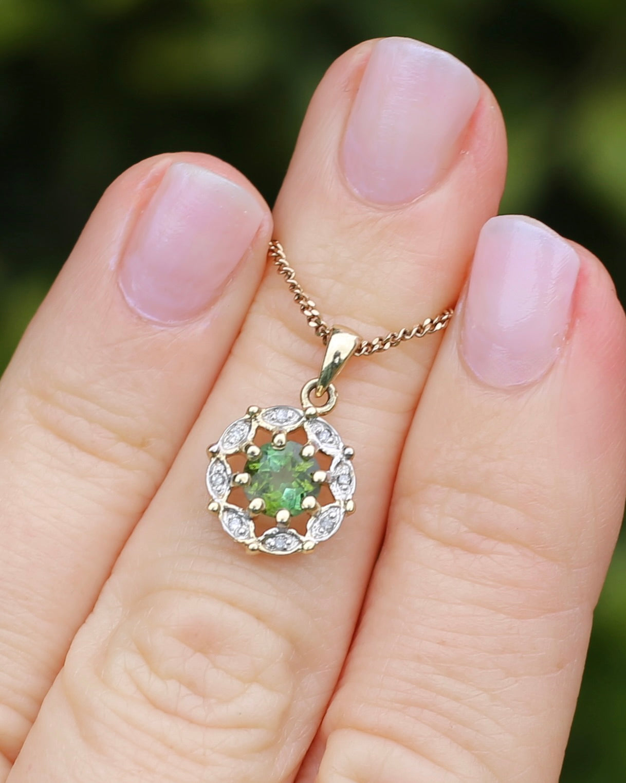Vintage 0.7ct Green Tourmaline and Diamond Pendant, 9ct Yellow Gold, 1.15g