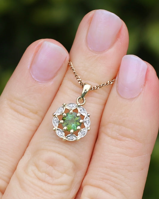 Vintage 0.7ct Green Tourmaline and Diamond Pendant, 9ct Yellow Gold, 1.15g