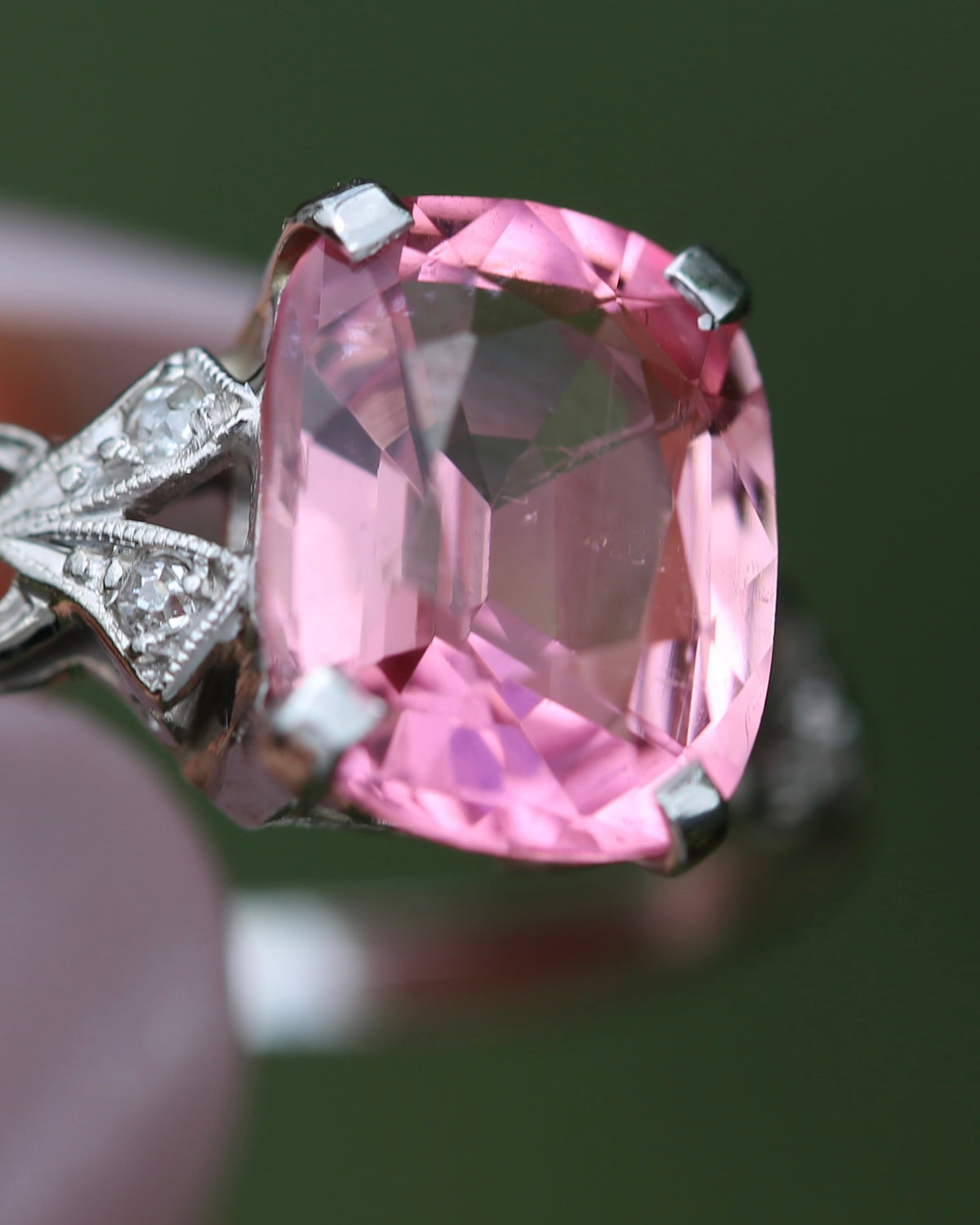 Pale Pink Tourmaline and Old Cut Diamond Shoulder Ring, 18ct White Gold and Platinum, size N or 6.75, 2.63g