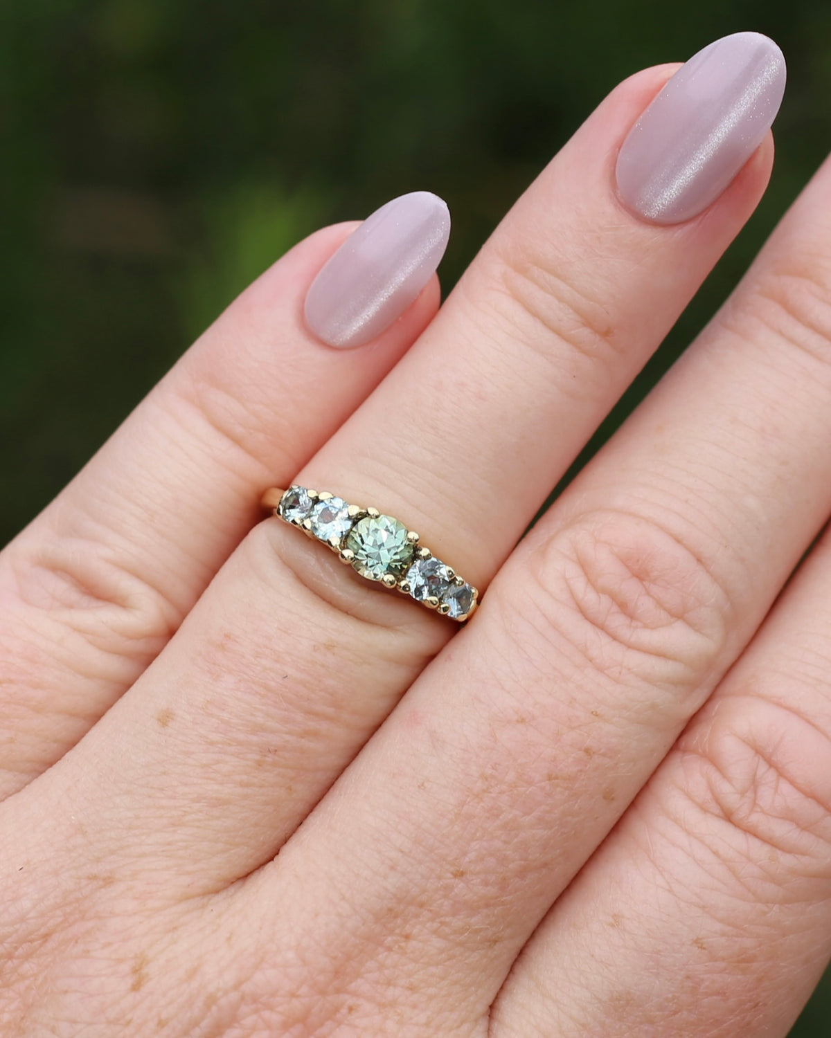 1.35ct Blue Green Natural Five Stone Sapphire Ring, 9ct Yellow Gold, size 6.5 or just over M1/2, 2.91g