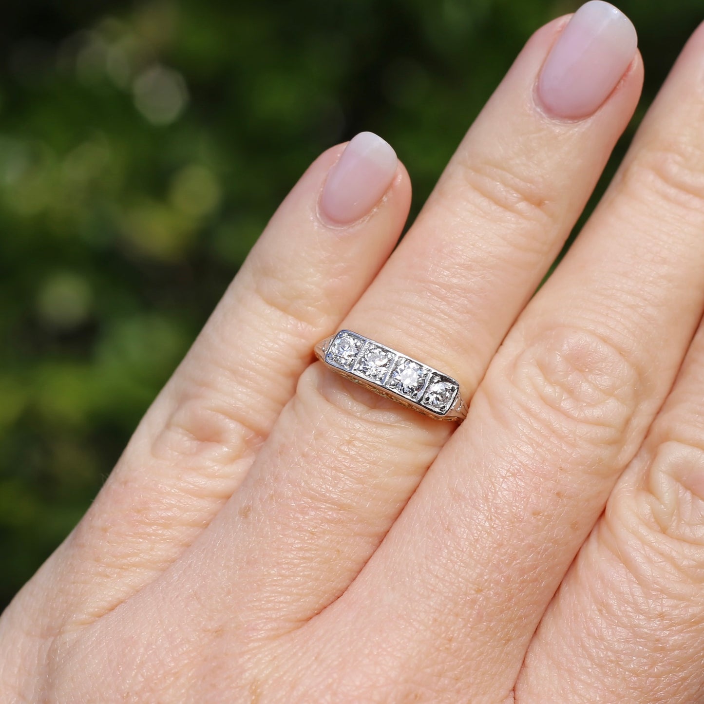 1930s 4 Stone Transitional Cut Diamond Mixed Metal Ring, 18ct Yellow Gold & Platinum, size M or just bigger than 6