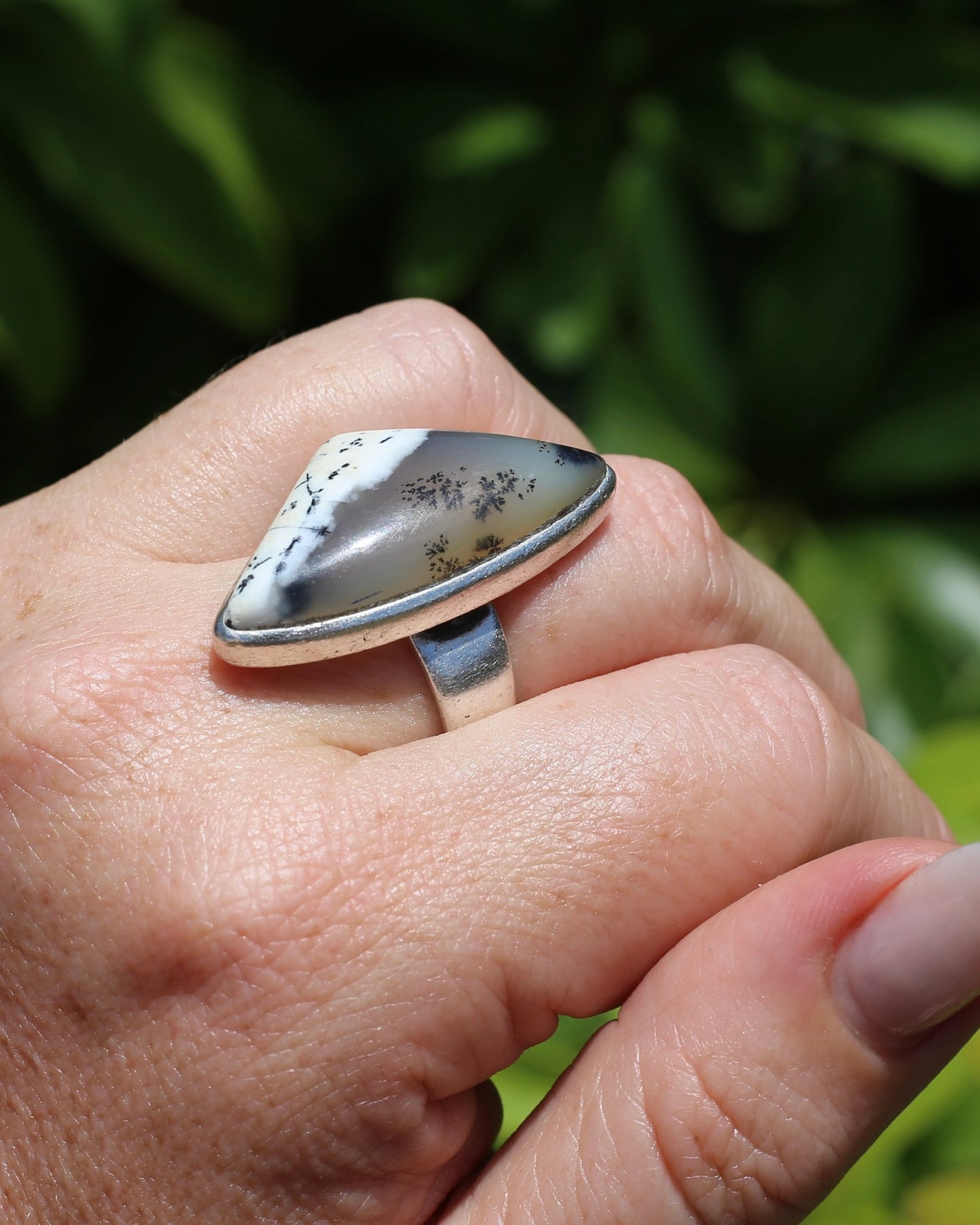 Freeform Dendritic Agate Bezel Set Ring, size T1/2 or 9.75, 14.7g