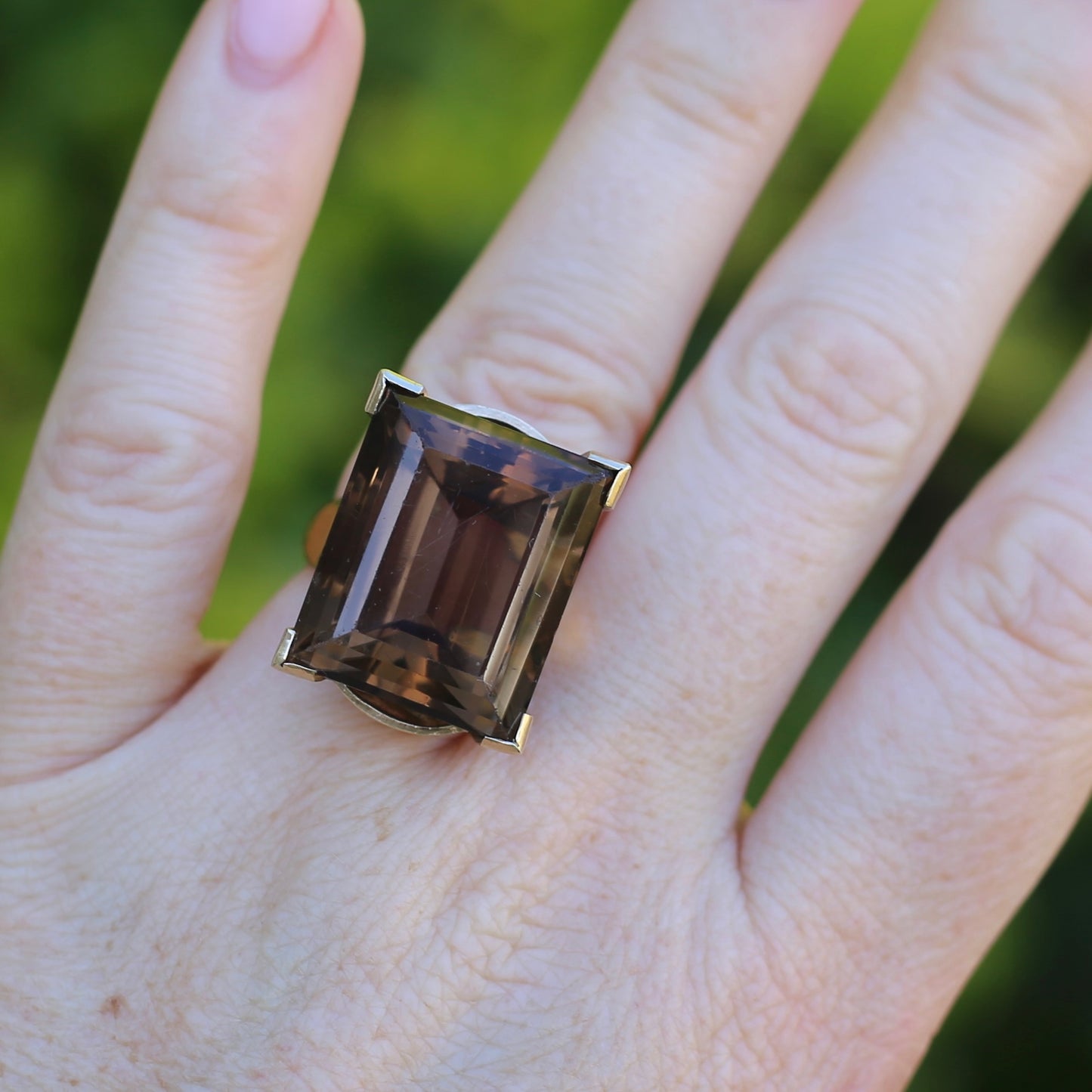 Mid Century 36ct Princess Cut Smoky Quartz Cocktail Ring, 9ct Yellow Gold, size N1/2 or 6.75