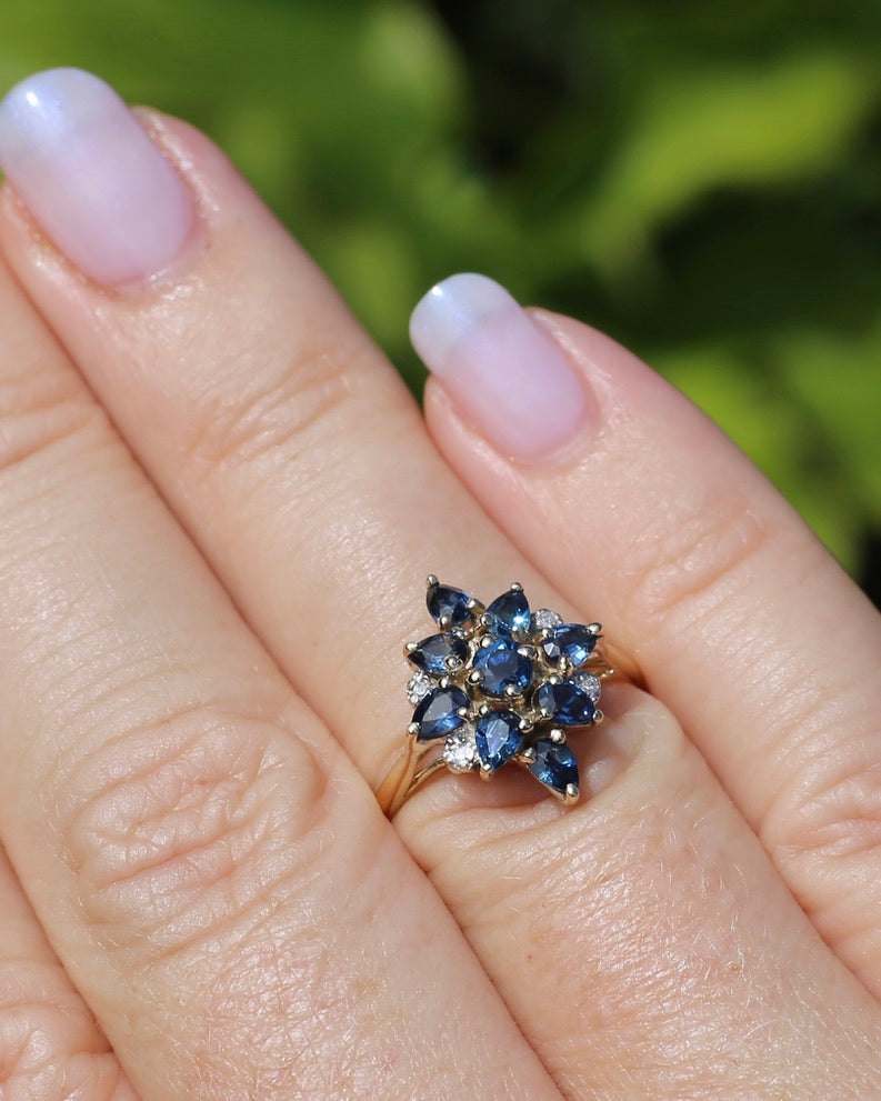 Vintage Blue Sapphire and Diamond Cluster Ring, 9ct Yellow Gold, size N or 6.75, 2.34g